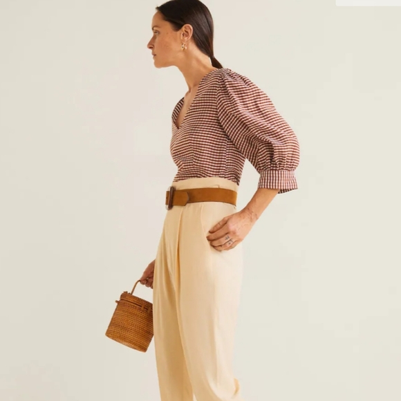 NWT Mango Gingham Puff Sleeve Blouse - Picture 2 of 16